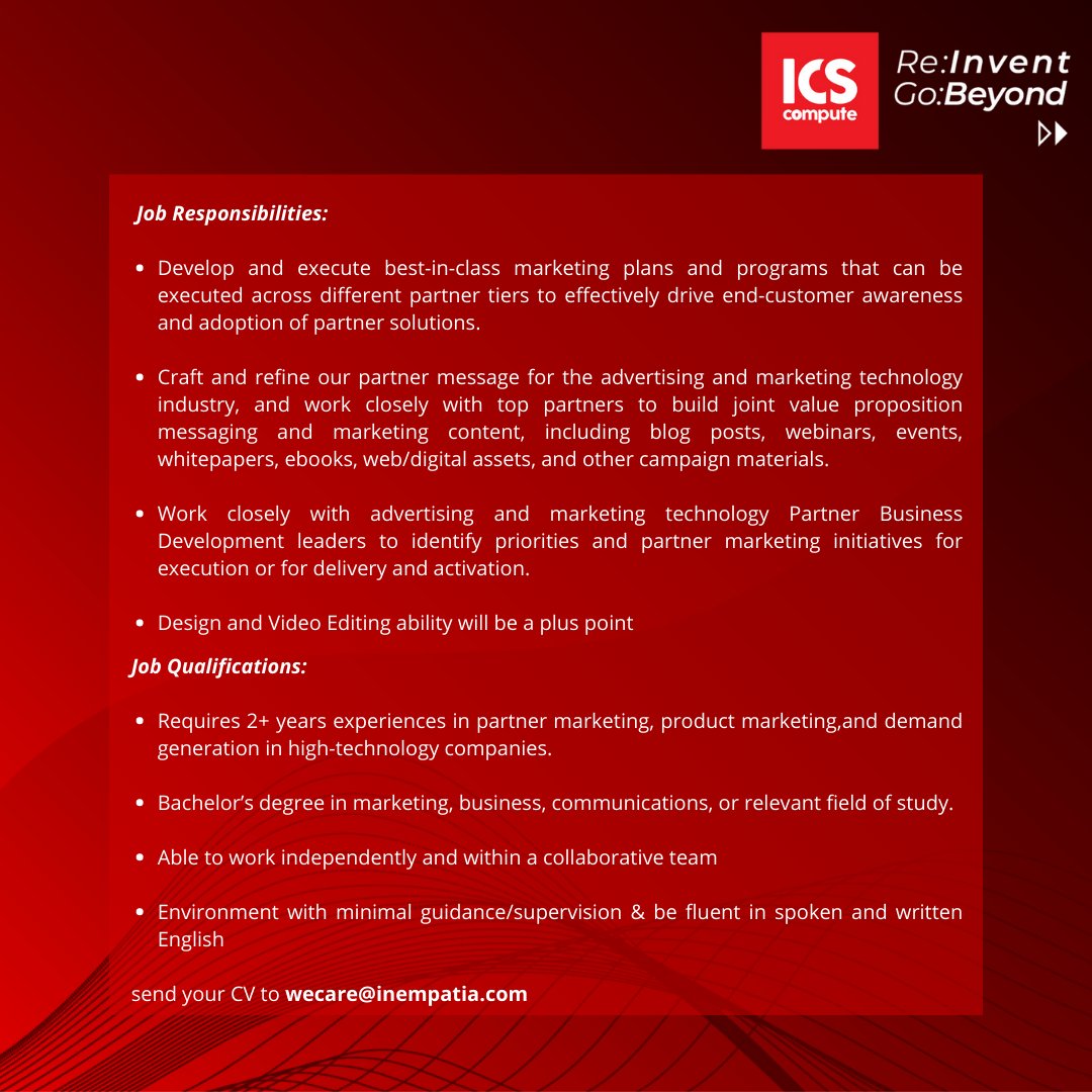 ICScompute's tweet photo. WE ARE HIRING!
—
Marketing &amp; Partnership
—
We're looking for hard-working, enthusiastic professionals to join our team. new #opportunities!
—
Send your latest CV to wecare@inempatia.com
—
#ICSCompute #lowongankerja #lowongankerjajakartaterbaru #lokerjabodetabek #lokerterbaru https://t.co/luaq2axVci