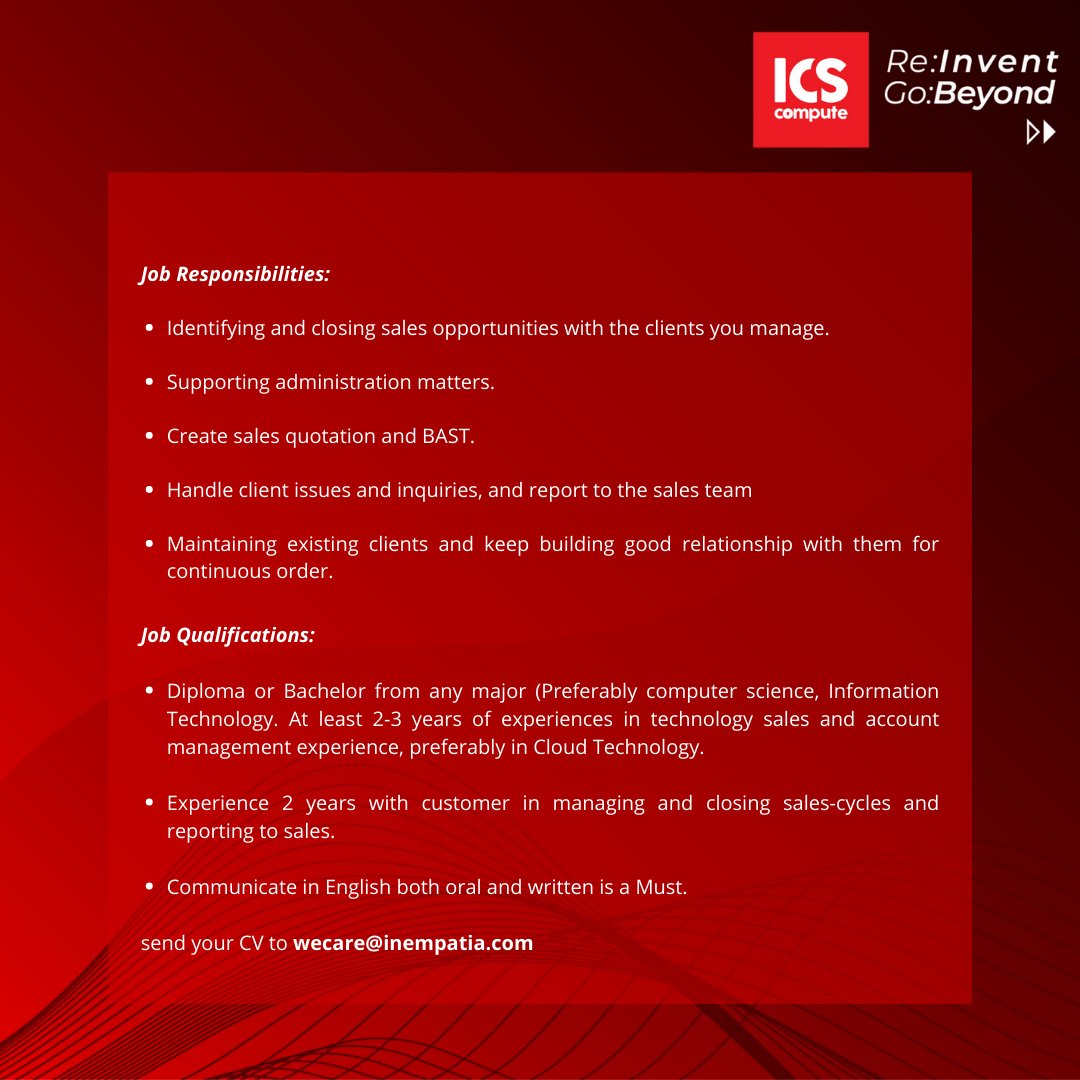 ICScompute's tweet photo. WE ARE HIRING!
—
Sales admin 
—
We're looking for hard-working, enthusiastic professionals to join our team. new #opportunities!
—
Send your latest CV to wecare@inempatia.com
—
#ICSCompute #lowongankerja #lowongankerjajakartaterbaru #lokerjabodetabek #lokerterbaru https://t.co/l5z1RFj2a3