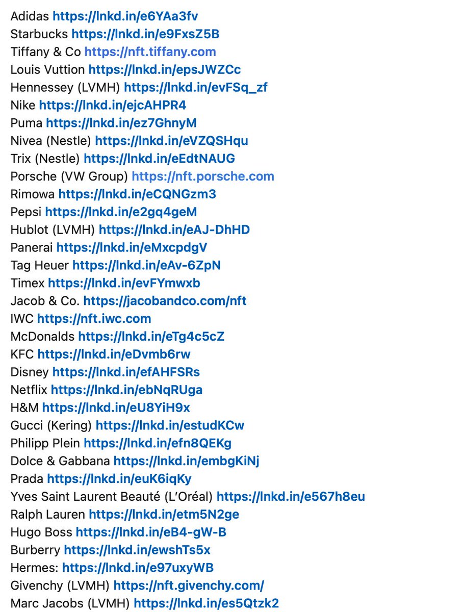 marcb_xyz's tweet photo. A list of major brands in Web3
At least 1/3 of Interbrand’s top 100 global brands have already entered Web3.
Subscribe for the full list, brand case studies & Web3 updates: https://t.co/UVsYtfCgKu https://t.co/Busn8zww0f