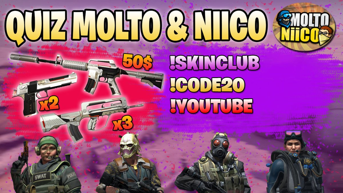Molto_Niico's tweet photo. ❤️STREAM ESPECIAL SORTEO M4A1-S, x2 DEAGLE  &amp; x3 FAMAS MECHA INDUSTRIES (50$)❤️

-Requisitos:

✅-RT a este Tweet
✅-Estar en el DIRECTO de mañana jueves 05/01 a las 17:30h (🇪🇸) 13:30h (🇦🇷) https://t.co/smFGzXwIFJ

Para dar el Ganador haremos un Quiz en el stream!☘️ https://t.co/DyyN17NONb