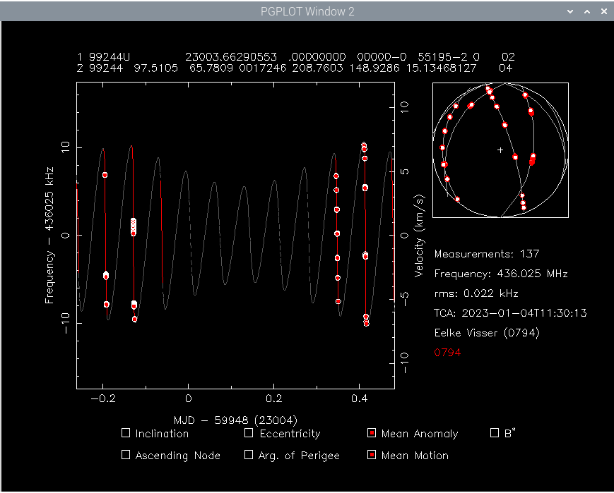 eelkevisser's tweet photo. Made Doppler measurement and an updated TLE for BDSAT-2. The satellite team was nice enough to schedule the CW beacon over my location! @SatNOGS @CEITEC_Brno More info at: https://t.co/FwP2UkwNc4 https://t.co/IOFl4zW1Fb