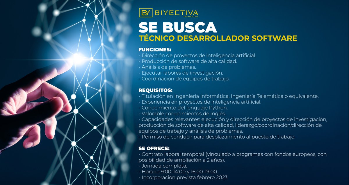 ⭐️ BUSCAMOS PERSONAL ⭐️ 

➡ TÉCNICO DESARROLLADOR SOFTWARE ⬅ 

#empleo #biyectiva #programador #trabajo #vacante #ia #inteligenciaartificial #investigación #análisis #liderazgo #software #python #ingeniería #informática #murcia #cartagena #desarrollador