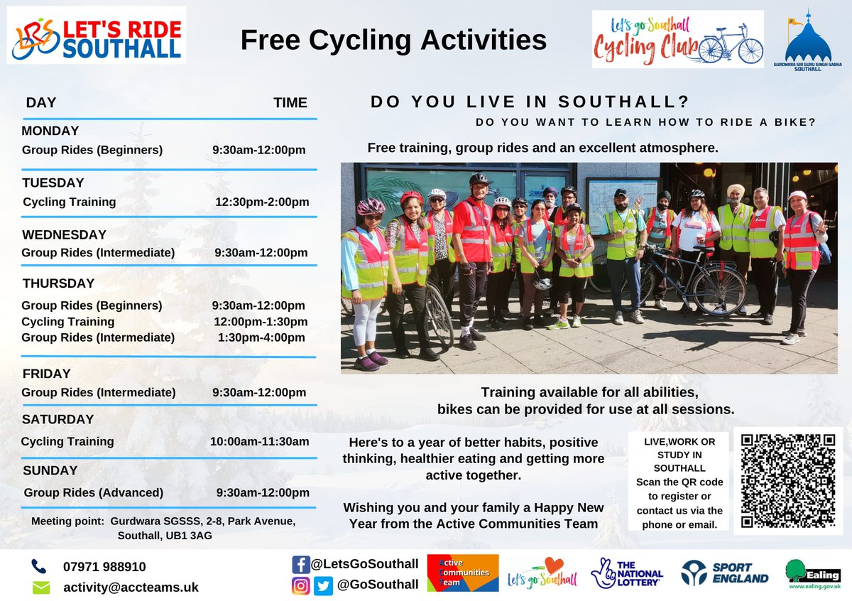 📣 Our Let's Ride Southall Cycling timetable for January 2023 is here! 

Wishing you all a Happy New Year!🥳

If you live in Southall join our fun-filled, free activities all year round! 
🎨🧘🗣🤸

#letsgosouthall #activecommunitiesteam #exercise  #ealingcouncil #BeTheMovement