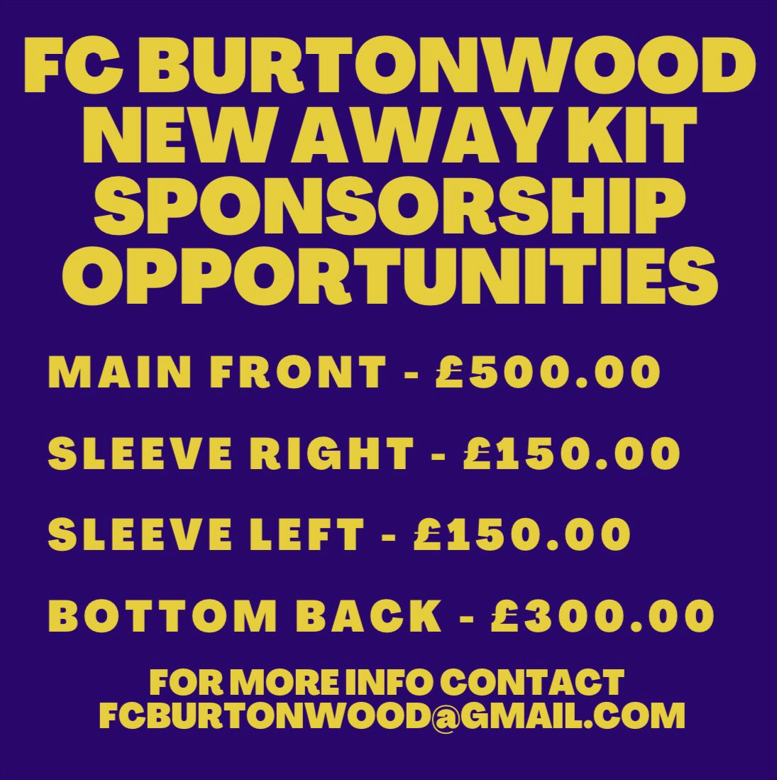 FC Burtonwood (@fcburtonwood) on Twitter photo We’re working on a new away kit for our Mens Open Age Team for the 23/24 season and we need sponsors to help cover the cost!
Weekly shoutouts across our social media platforms, Free tickets to our end of season awards.
For more info email us at fcburtonwood@gmail.com
VIVA FCB We’re working on a new away kit for our Mens Open Age Team for the 23/24 season and we need sponsors to help cover the cost!
Weekly shoutouts across our social media platforms, Free tickets to our end of season awards.
For more info email us at fcburtonwood@gmail.com
VIVA FCB