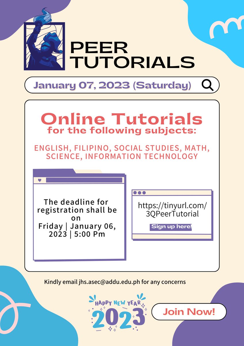 asecofficial24's tweet photo. INVITATION | Feeling a bit worried about our first face to face exams? 🫣 Don’t worry! We got you covered! 🫡

REGISTER NOW 📝 the 3rd Quarter Peer Tutorials is scheduled this 🗓 Saturday, January 7, 2023! 

Registration Form: https://t.co/jGIQhKx4lm https://t.co/C8K2cKwK3E