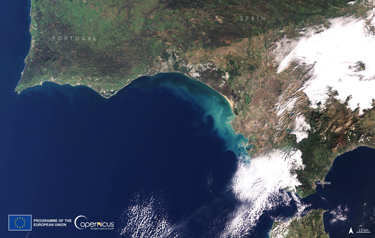 CopernicusEU's tweet photo. #Copernicus for #Water quality monitoring

After several days of rainfall upstream, #Sentinel3🇪🇺🛰️, in this image acquired on 3 January, imaged the large amounts of sediments discharged by the #Guadalquivir river into the Atlantic #Ocean

#España #Spain #Andalucia 🇪🇸 https://t.co/BZ8pzbAnRS