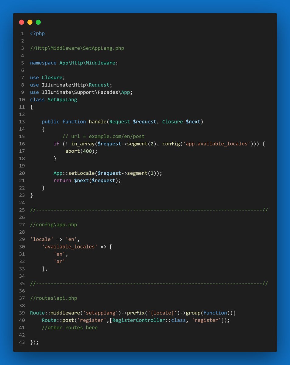 ahmed_shaltoutW's tweet image. Laravel by default supports multi-language websites, this feature is Laravel’s Localization. Here is a middleware to change the app language according to the "locale" parameter in the URL That holds the language ID. "example-com/en/my-post" #laravel9 #Laravel #php #laraveltips