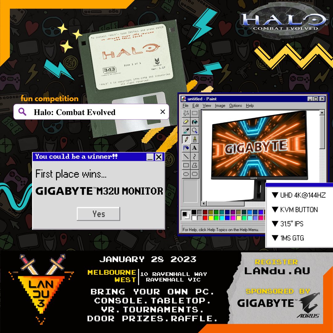 LANduAU's tweet photo. LAN Parties? Halo?? What year is this? 😜
Winner of our Halo: Combat Evolved FFA comp wins a 4k 144Hz Gaming Monitor courtesy of our friends at GIGABYTE AORUS @AORUS_ANZ
*Note: Monitor is refurbished but will be fully supported if there are any issues.
#LANdu #melbournegamers https://t.co/K0Kvb6wlXG