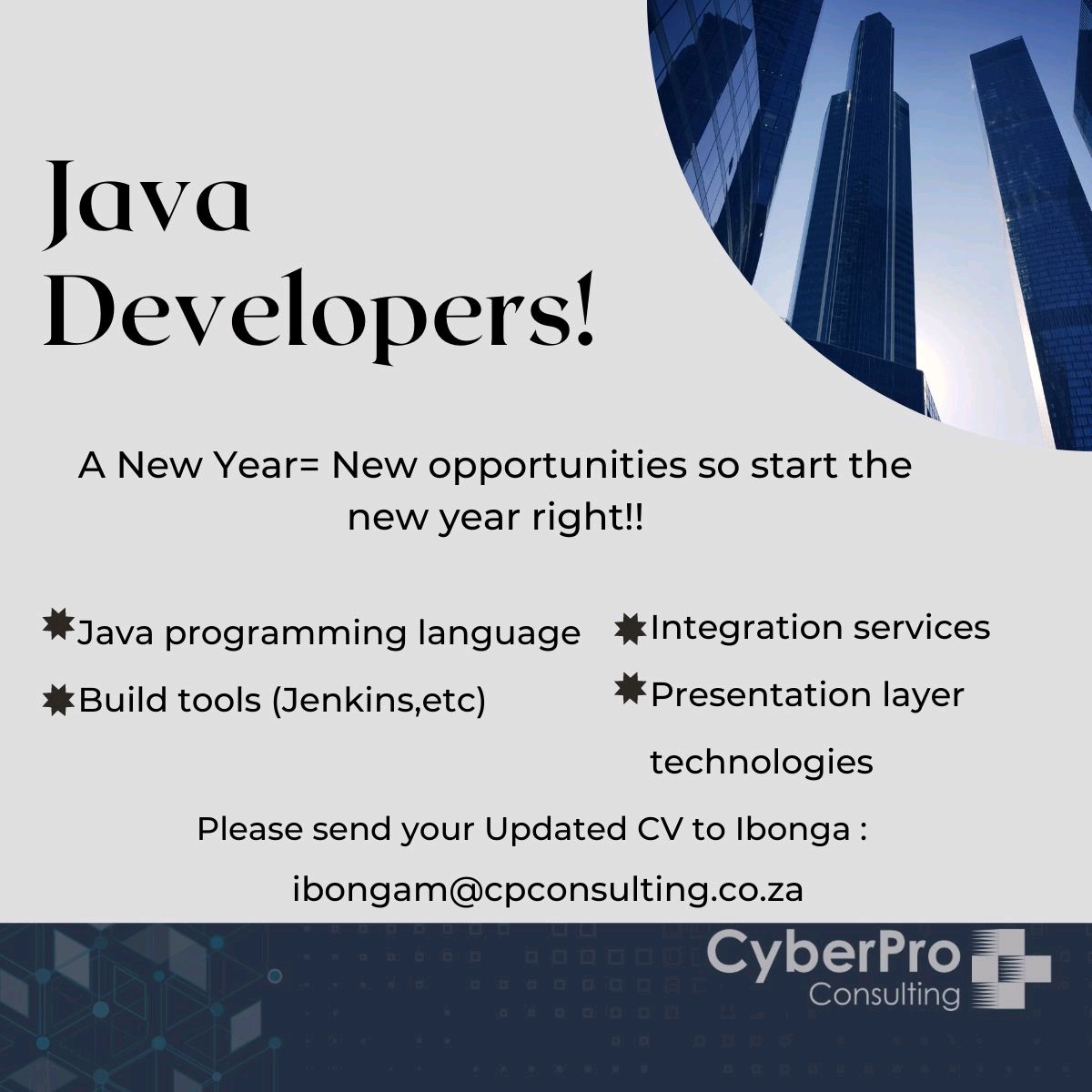 RMakukuli's tweet image. Calling Intermediate-Senior Java Developers to join CyberPro Consulting (Pty) Ltd and start taking your career to greater heights!
#java #javadeveloperjobs #consulting #hiring