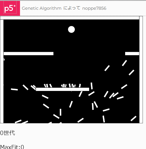noppe78's tweet image. 遺伝的アルゴリズムを実装した。キャラをランダムに移動させて、最終時点へのゴールからの距離を基に選択、交叉、突然変異を実施。運が良ければ3世代。運が悪くても20世代でゴールに到達。メダカを上から見ているみたいで面白い。
#CodingTrain #p5js #generativeart
editor.p5js.org/noppe7856/sket…