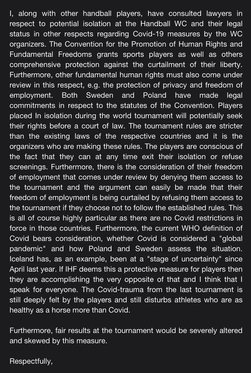 I want to thank everyone for the support regarding my last tweet about the covid 19 restrictions in the next Handball WC! 🙏 I just now sent IHF this letter here below. All retweets, especially if you are a player taking part in tournament, are well appreciated! Stay tuned… 🤾‍♂️