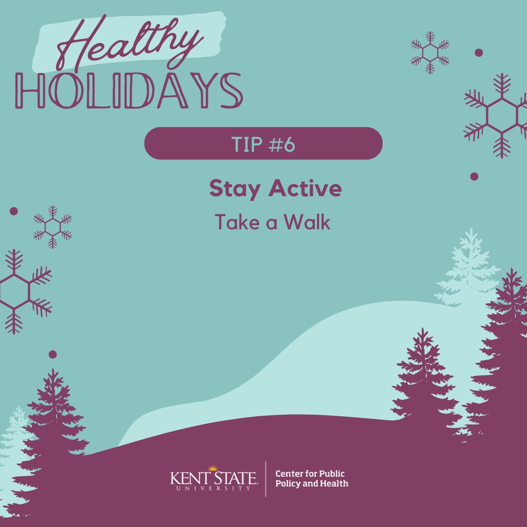 kentstatecpph's tweet photo. Healthy Holidays Tip #6: Stay Active
Staying active can help keep your mental health up and you in a good mood! Whether you take a walk or go shopping around a mall, being active keeps you feeling good mentally and physically.
#kentstate #kentcpph #kentmentalhealth https://t.co/lSVheuk9ww