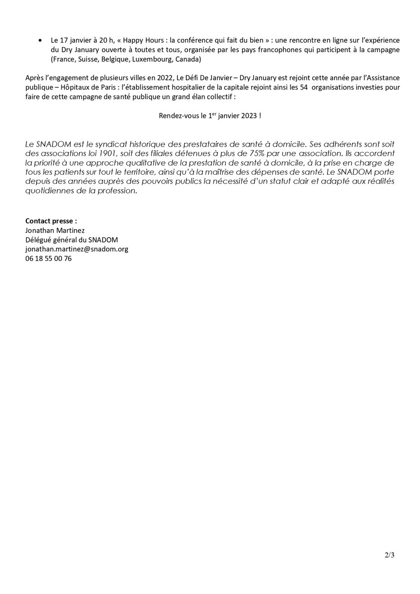 🚨<a href="/DryJanuaryFR/">Dry January | Le défi de janvier</a>- Le défi de janvier : un mouvement collectif !

📢Le SNADOM et 52 organisations s’associent pour proposer aux Français une pause d’un mois dans leur consommation d’alcool. 

🔎Plus d'informations ➡ bit.ly/3Gk2J2N