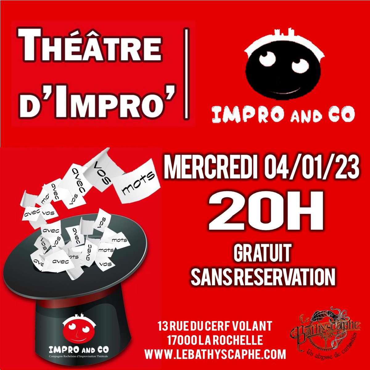 Bathyscaphe_Bar's tweet photo. Bonne année les Matelots ! Pour bien débuter, Théâtre d'impro par Impro and Co au bar Le Bathyscaphe La Rochelle ce soir Mercredi 04 Janvier à 20H00 ! https://t.co/j692G01lgM