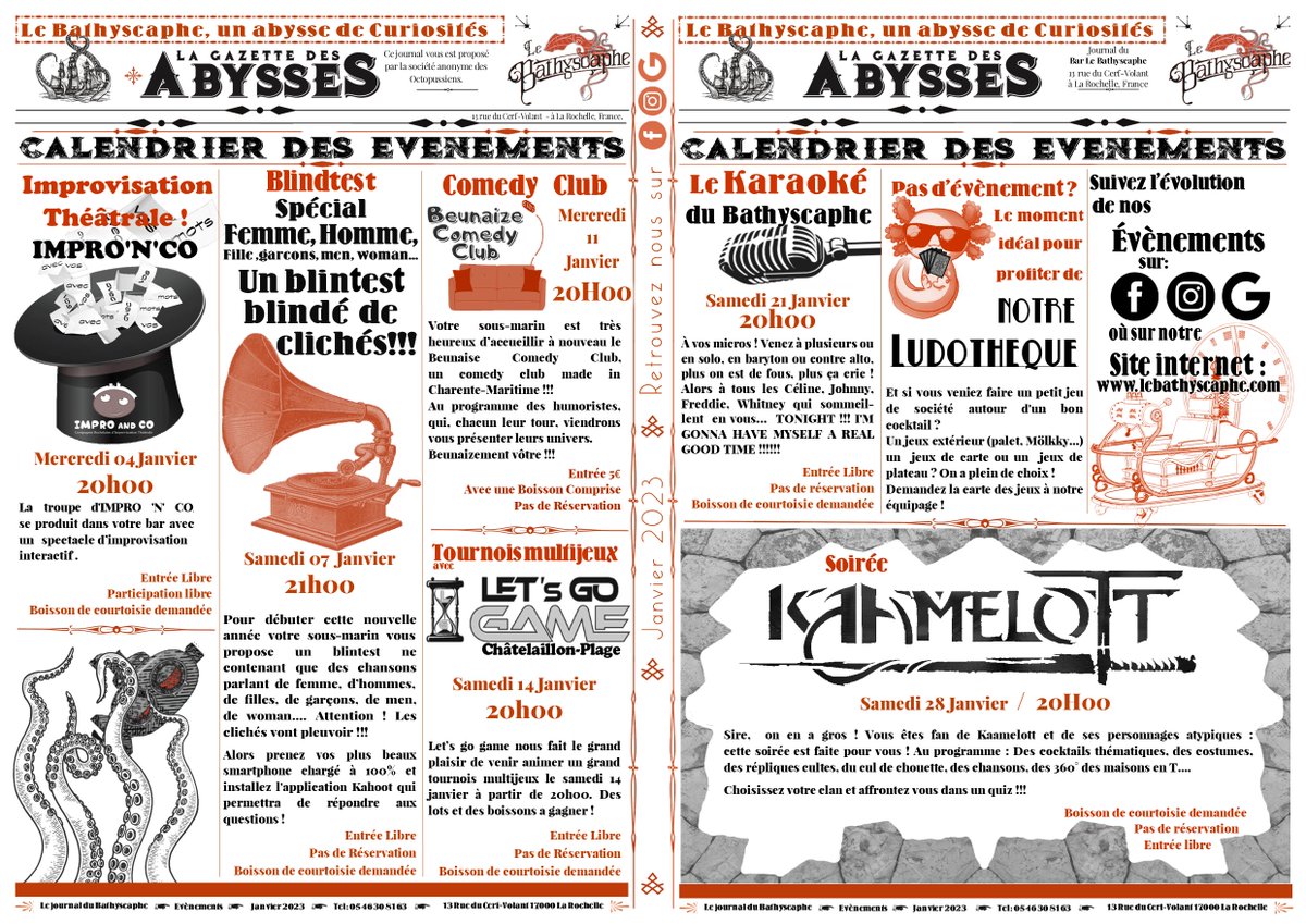 Bathyscaphe_Bar's tweet photo. Bonne année les Matelots ! Voici le programme pour Janvier 2023 pour commencer avec la banane (ou un autre fruit selon vos goûts on est pas sectaire) !
VERSION 4K ET .PDF SUR LE SITE https://t.co/uNNkQMWjYK