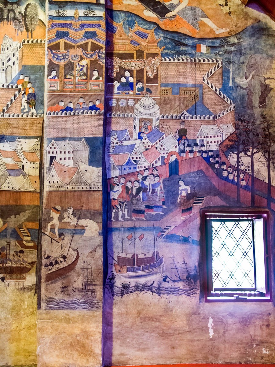 PMonty18's tweet photo. Nan Wat Phumi Temple Mural image of ships. The Wat in a cruciform ubosot which was constructed in 1596 and restored during the reign of Chao Ananta Vora Ritthi Det (1867-1875). Located in #Nan, #Thailand https://t.co/vt8R55Btwe