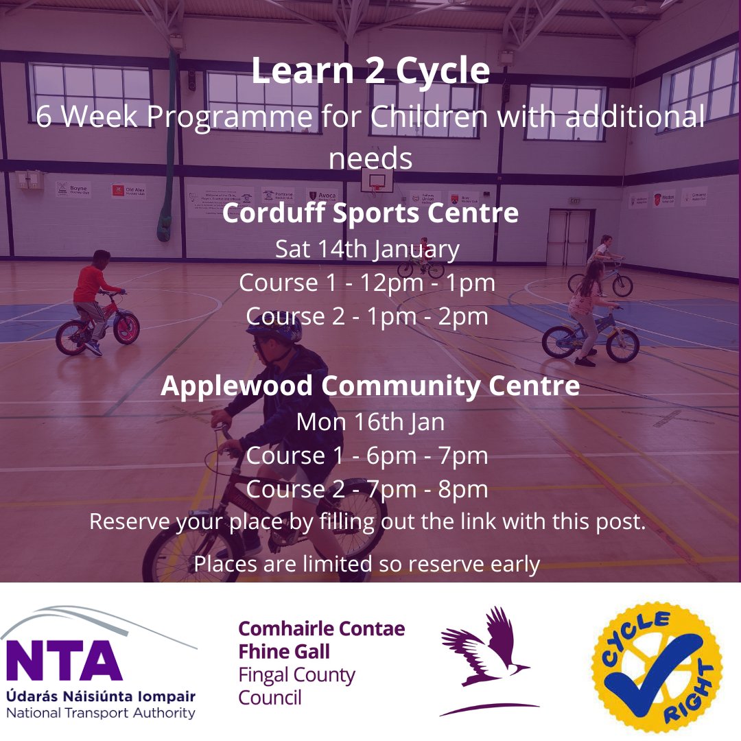 Fingalcoco's tweet photo. Our 6 Week Learn 2 Cycle with a Disability Course for Children is back for 2023! 
Starts Saturday, 14 January at Corduff Sports Centre OR Monday, 16 January at Applewood Community Centre. 
Click to book: https://t.co/jqdvanNIGi 
#ActiveTravel #Learn2Cycle #Inclusion https://t.co/UBrTkzlpCB