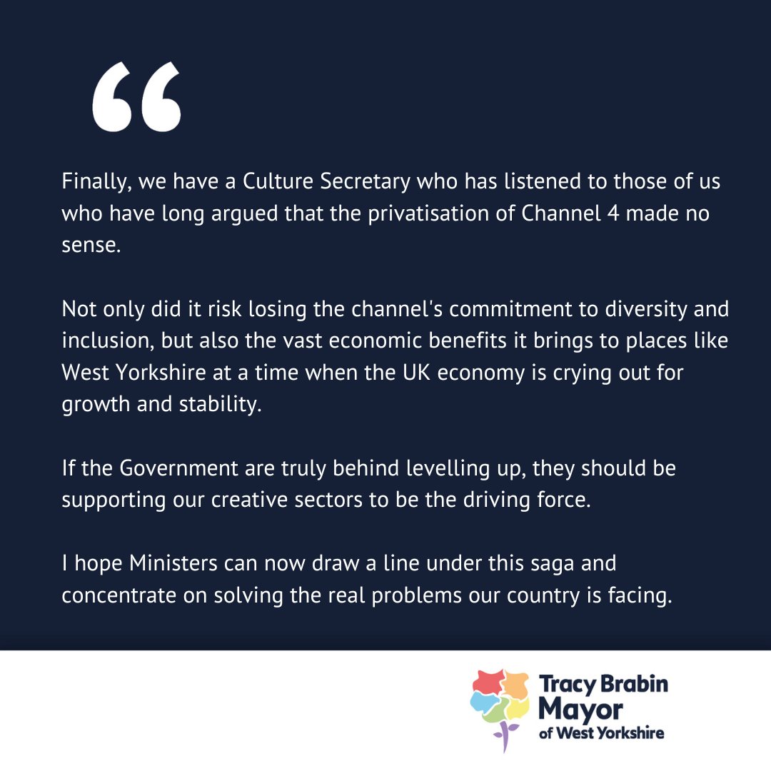 MayorOfWY's tweet photo. My statement on reports that Culture Secretary @michelledonelan has written to the prime minister, recommending the government drop its plans to privatise @Channel4.

https://t.co/CZiZDzk7vt https://t.co/BPXAVrAiGW