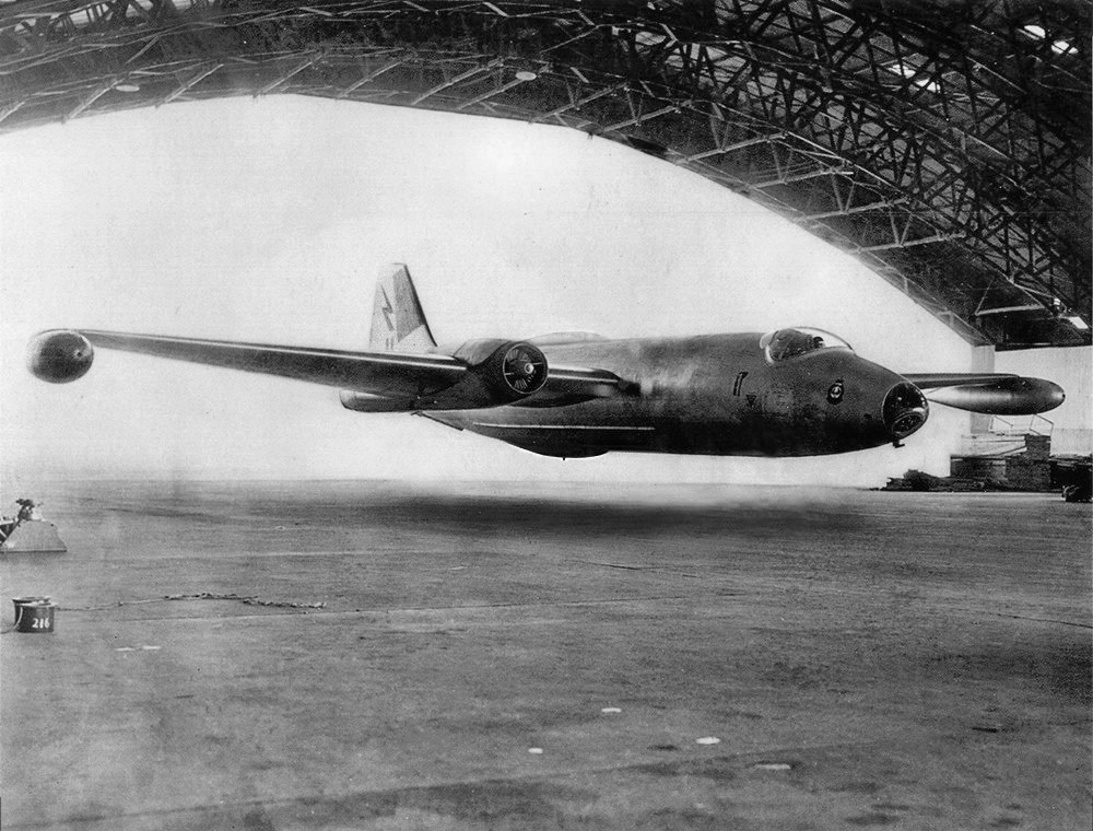 This is the Canberra Bomber flying through a RAAF Amberley base hanger, southwest of Brisbane, 1955 - British Archives