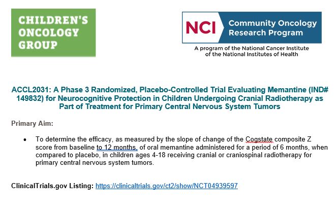 COGorg's tweet image. Currently recruiting: #NCTN #NCORP Study ACCL2031 led by @COGorg to see if Memantine protects the brain during radiation therapy treatment for brain tumor in children. Learn more: ncorp.cancer.gov/find-a-study/f…