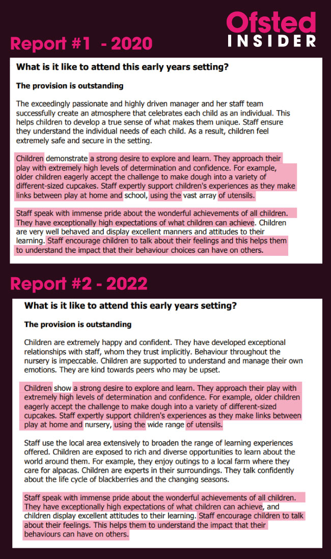 OfstedInsider's tweet photo. We have examples of Ofsted inspection reports plagiarising other reports. Some duplication is understandable, but entire paragraphs and even examples of activities isn't acceptable. This undermines the credibility of the inspection process.  1/2 #ofsted 
@OfstedBigC https://t.co/wSUwkTlm9U