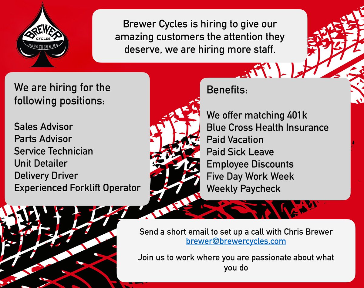 BrewerCyclesInc's tweet photo. We are hiring! Come join our team! 
♠️
(252) 492-8553
#brewercycles #weareworththedrive #hendersonnc #northcarolina https://t.co/puaQUJYnw3