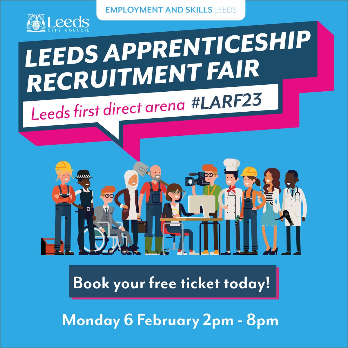 As you may know, Leeds Apprenticeship Recruitment Fair returns to first direct arena Leeds on Monday 6th February 2023 2pm-8pm. The event is free to attend. Free tickets are available at: bit.ly/LARF2023