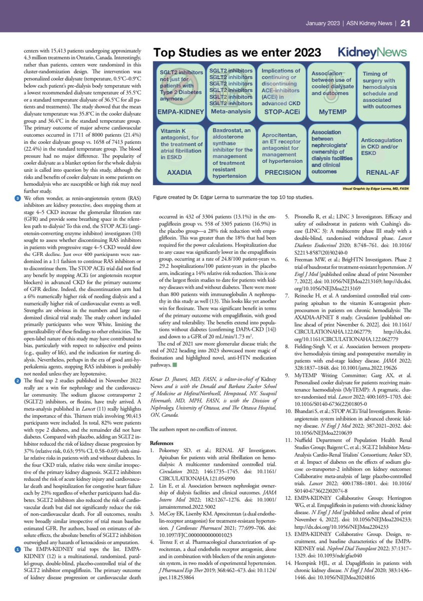 edgarvlermamd's tweet photo. Check out 👉 Top Nephrology Studies as we enter 2023 by @hswapnil and @kdjhaveri ‼️ 
⚡️Kidney Watch #Nephpearls 

📌 Published in the January 2023 issue of @KidneyNews
 
👉🏼 https://t.co/ToWfF3rkd9 https://t.co/bSRbLhEMZL