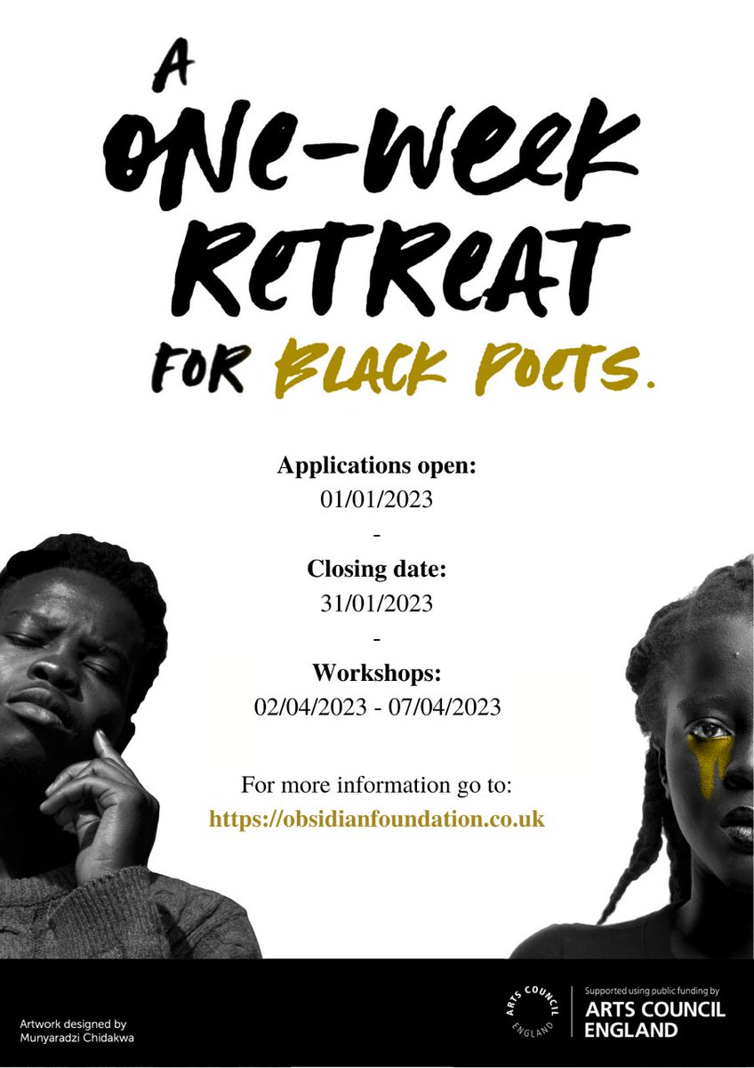 Tutors for <a href="/ObsidianFdn/">Obsidian Foundation</a> retreat include:  <a href="/Malikabooker/">Malika Booker</a>, <a href="/DanteMicheaux/">AmorousShepherd</a>, <a href="/victoriaadukwei/">naa adukwɛi</a>, <a href="/rrobinson72/">Roger Robinson</a> <a href="/NickMakoha/">Dr Nick Makoha FRSL</a> and more.

Apply now via: 

obsidianfoundation.co.uk/retreat-2023/

And while you're at it check out our #ObsidianCollection via the Archive: poetryarchive.org/keystones/obsi…