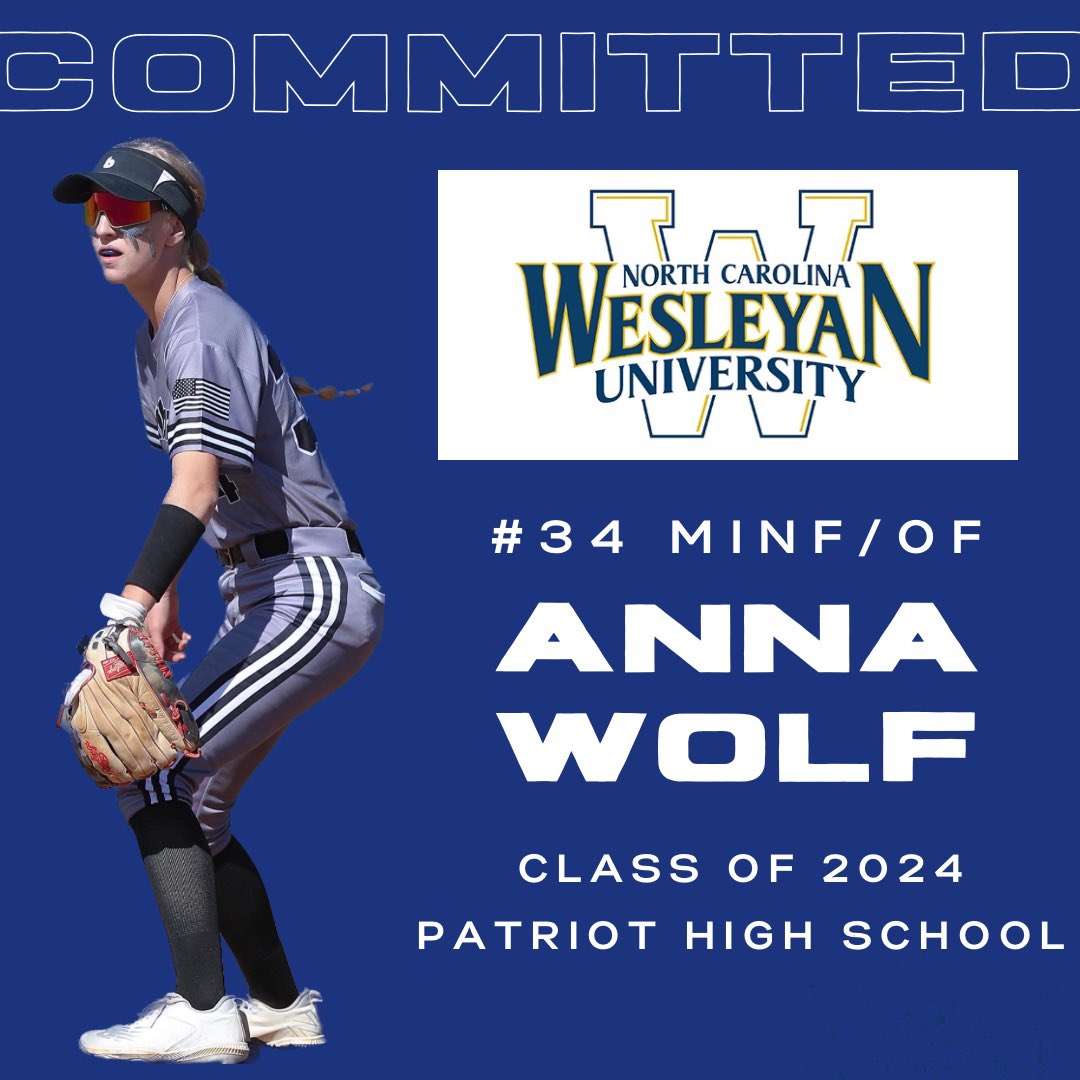 thevabombers's tweet photo. Our first class of 2024 commit! Congratulations to @annawolf2024 of Patriot HS her commitment to continue her academic and athletic career at North Carolina Wesleyan University. @ncwu_softball #classof2024 #committed #minf #of LET’S GO BISHOPS! #battlingbishops #ncwusoftball https://t.co/JxM9F1cKyA