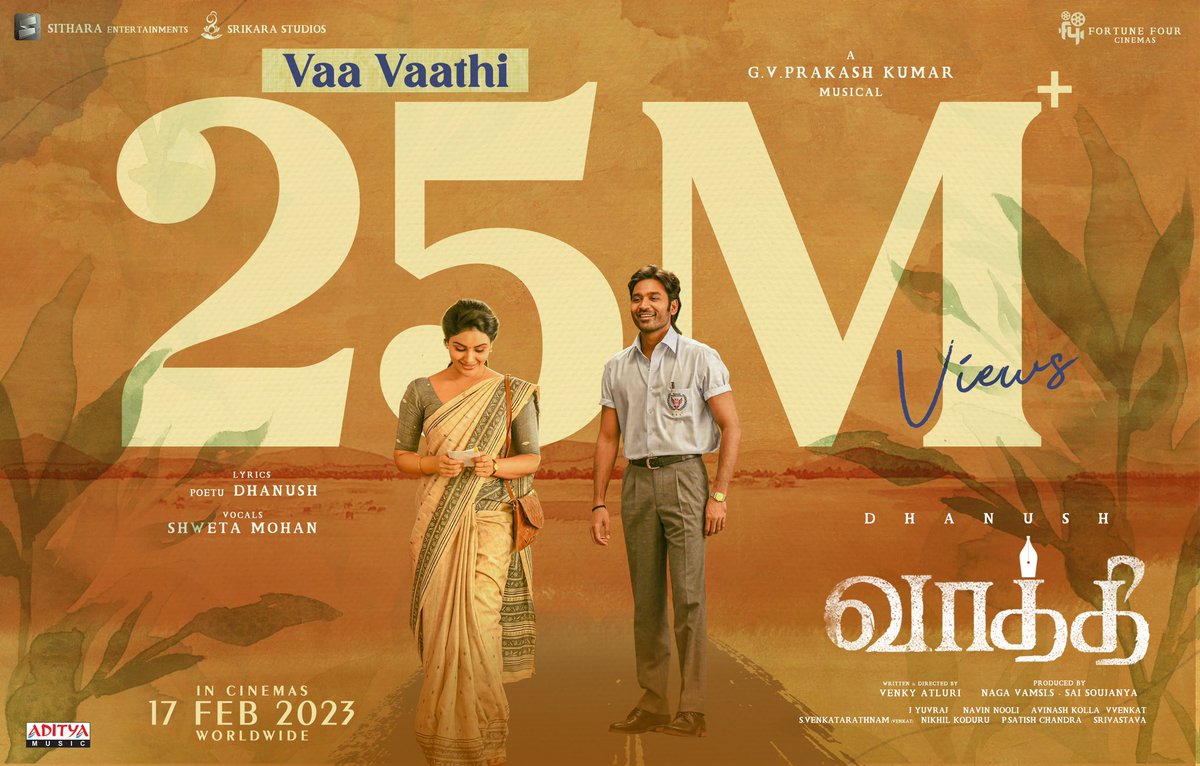 NsaiPrasanth5's tweet photo. Non-stop love pouring for #VaaVaathi ❤️ love track #Vaathi #CaptionMillar https://t.co/mdxxCmV7by