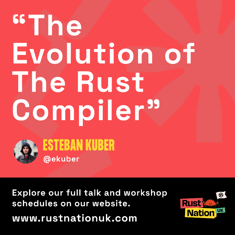 RustNationUK's tweet photo. Rust Nation is the UK’s first conference dedicated to the Rust Language. We are proud and excited to host talks, tutorials and workshops from prominent members of the community.