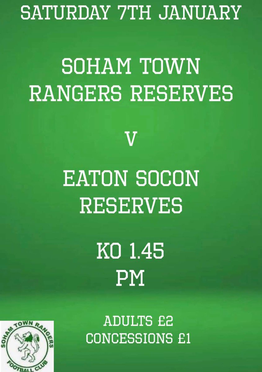 Next game at the Lane

Saturday 7th January
1.45pm kick off 
@sohamres v <a href="/EatonSoconRes/">Eaton Socon FC Reserves</a> 
<a href="/CambsFA/">Cambridgeshire FA</a> William Cockell Cup

Support The Greens
