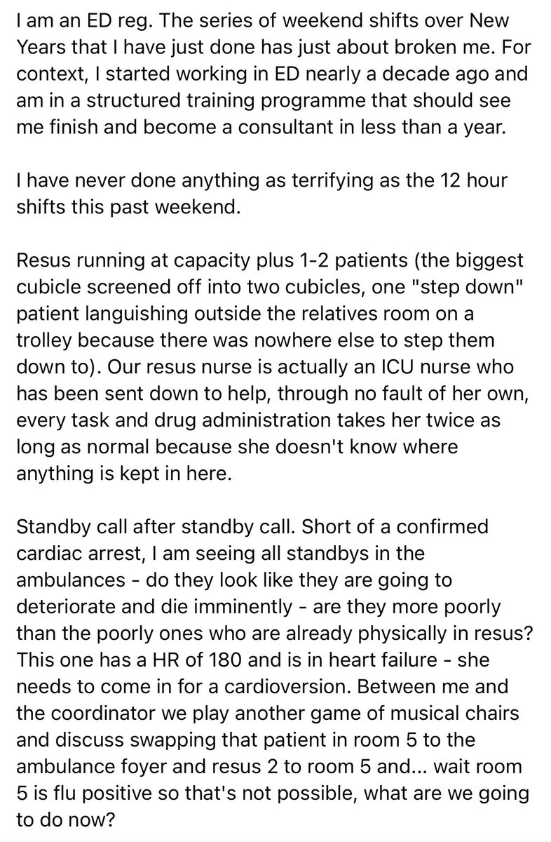 EmergencyMedDr's tweet photo. Views from doctors working in the #NHSOnLifeSupport 🩺 

‘I am unwilling running the NHS Hunger Games of who will die first and how…’

This cannot go on. Share, RT, allow these doctors’ voices to be heard. 

Shared w/ permission https://t.co/sLtN3Kgg5R