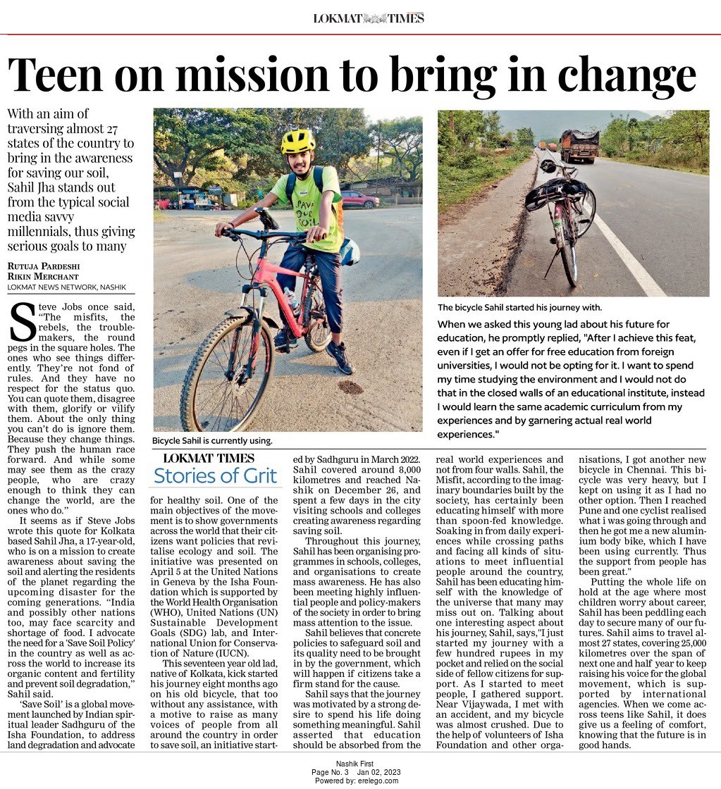 Great to read my own article on <a href="/lokmat/">Lokmat</a> 
Reached Aurangabad/Sambhajinagar safely after 8 Months 4 Days on the road.
Let’s make sure #SaveSoil reaches to every corner of earth