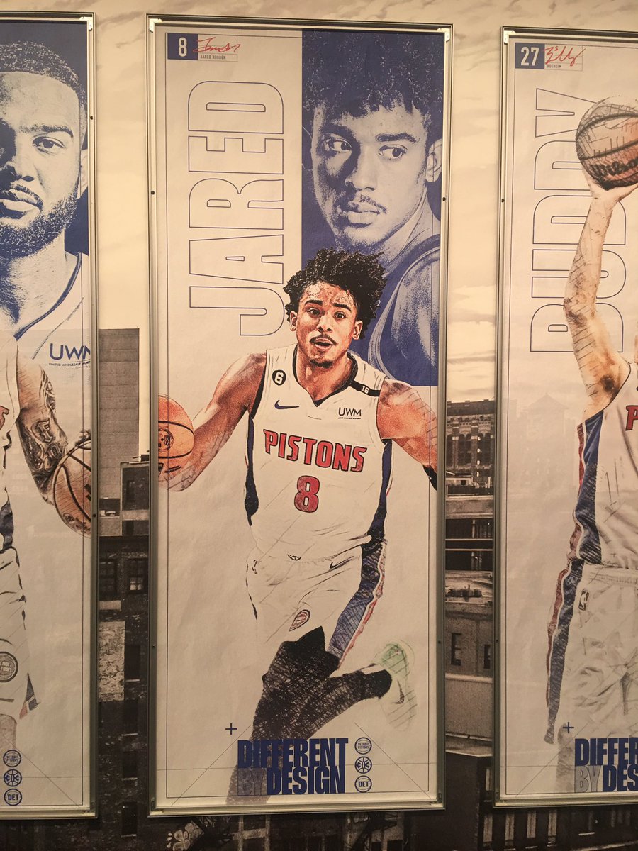 MattLoug's tweet photo. I’m here in Detroit for tonight’s @NJDevils game against the Red Wings, but it’s good to see a poster of  former @SetonHallMBB player Jared Rhoden outside the dressing room. He recently signed a two-way contract with the @DetroitPistons. https://t.co/GYT6tyQTCT