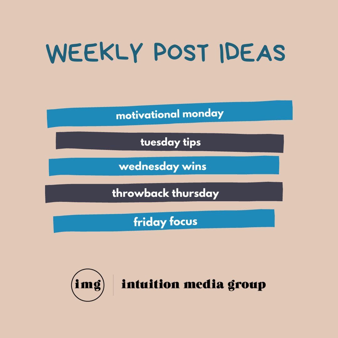BlissfulMediaGr's tweet photo. Hitting a roadblock on what to post? Here is a simple idea for Mon-Fri content. All of these ideas have trending hashtags and can be found by the algorithms. 

What are some of your favorite evergreen ideas? 
.
#fridayfocus #influencermarketing #influencermarketingagency #influen https://t.co/UjmQCeihQn