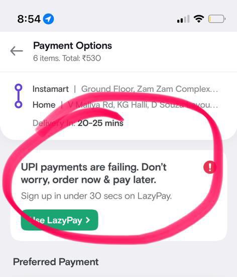 sahilkini's tweet photo. Hey @Lazy_Pay and @Swiggy this is a dark pattern and highly misleading. It can even be characterised as mis-selling where you lead a customer to a credit product by making false claims about the performance of UPI.

@NPCI_NPCI @RBI would be well within their rights to reprimand https://t.co/kD5uhmioi9