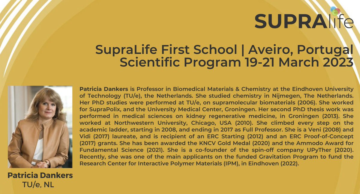🗣️Patrícia Dankers <a href="/P_Dankers/">Patricia Dankers</a> <a href="/dankerslab/">Dankerslab</a>, Professor in Biomedical Materials &amp; Chemistry at @TUeindhoven 🇳🇱 is a plenary speaker @ SupraLife #FirstSchool!

Patricia will talk about engineering bio-communication into supramolecular polymer materials!

👉 supralife.eu/firstschool