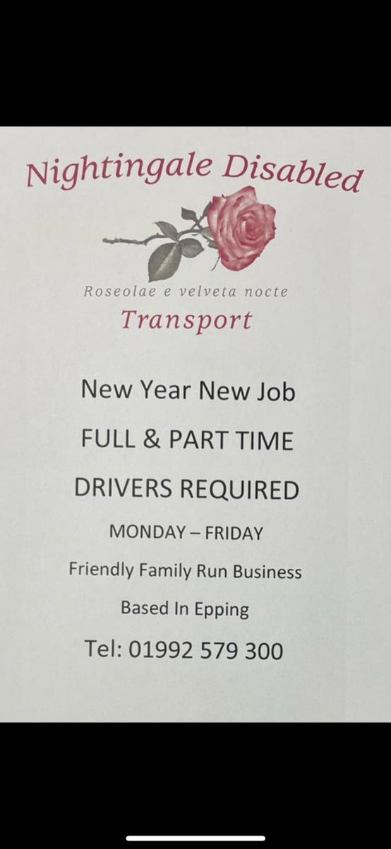 Do you, or do you know of anyone that is looking for a fresh start, a new job?
We are hiring!We are looking for Full &amp; Part time drivers to join our team.
We are based in Epping and work Monday to Friday.
Please call 01992 579300 or email
Info@nightingale-disabled-transport.co.uk