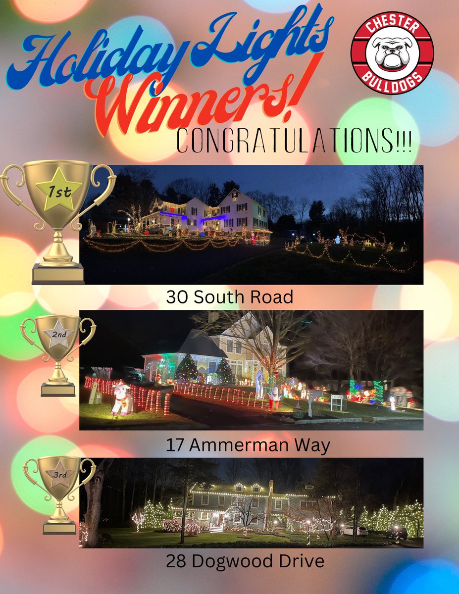 ChesterPto's tweet photo. Congrats to our Holiday Lights winners!! These houses were shining bright ✨ this Holiday season around town! 🎄 https://t.co/4uOz8SnTTb