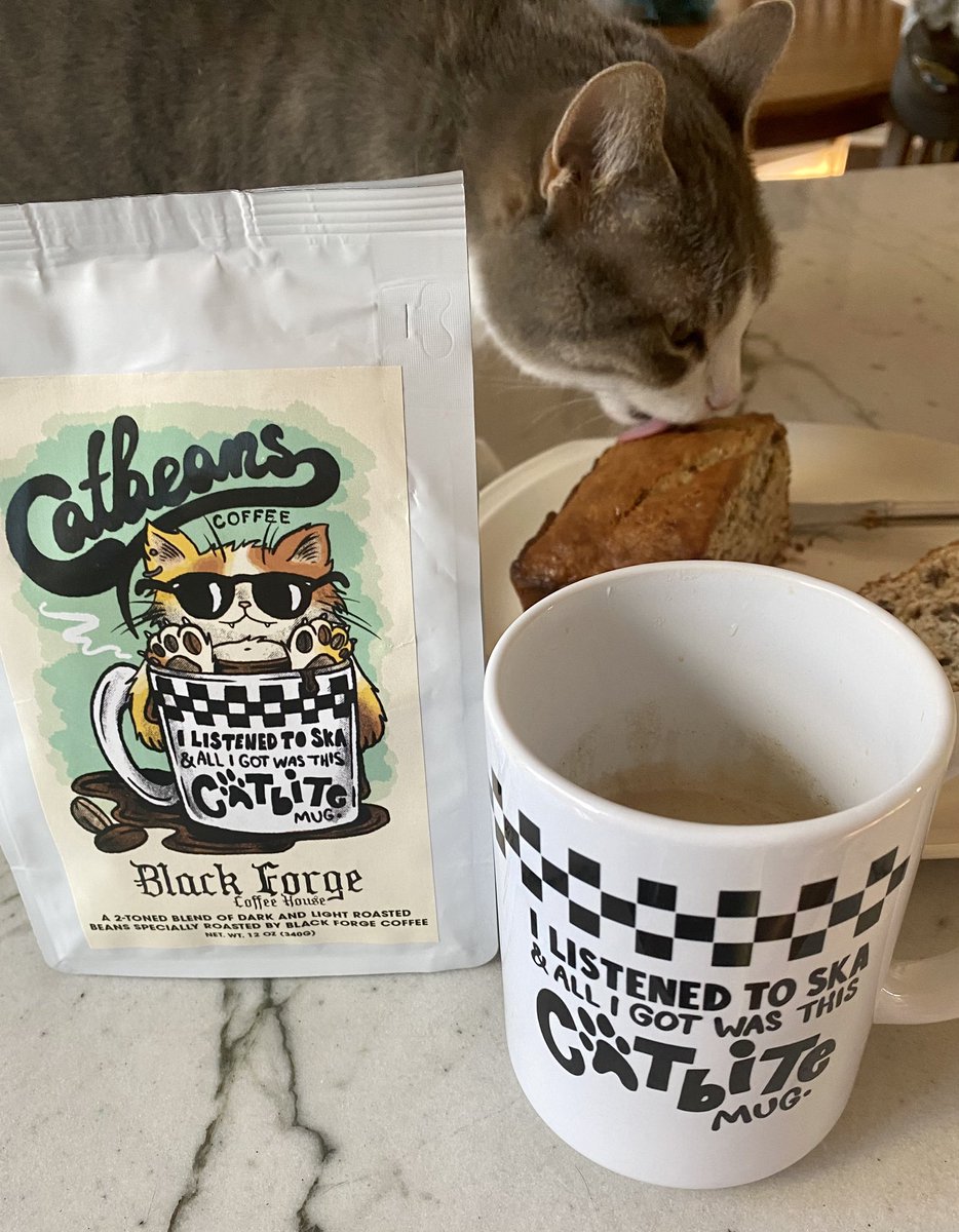 Just happened to make Bad Influence banana bread when this arrived in the mail. Thanks <a href="/tyramarmo/">tyra🌻</a> for the <a href="/catbiteband/">CATBITE</a> coffee and mug!