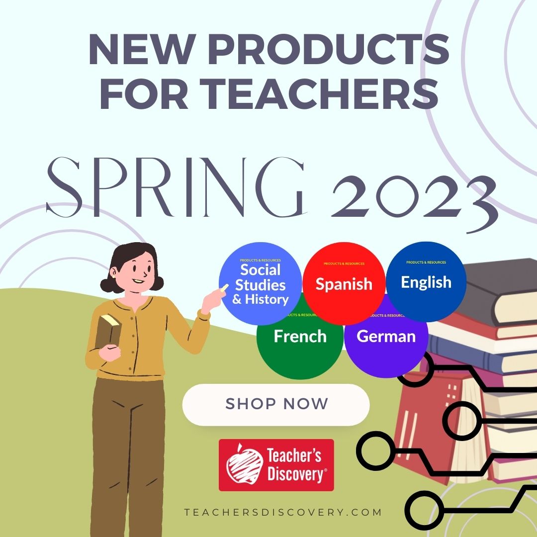 Welcome to 2023! We have NEW PRODUCTS FOR TEACHERS to show you!  teachersdiscovery.com

#teacher #teachers #sale #socialstudies #spanish #french #german #worldlanguage #iteach #classroom #education #teachersofinstagram #new #teach #teaching #decor #books #readers #school
