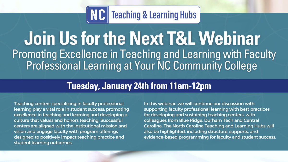 ncstatebelk's tweet photo. Reminder: only three weeks until the next T&amp;L webinar! Register here: https://t.co/DSCa7acaWG. 

#nccommunitycolleges #communitycolleges #NCStateBelk #facultylearning @BlueRidgeCC @durhamtech @iamcccc https://t.co/eHKK5J6nMW