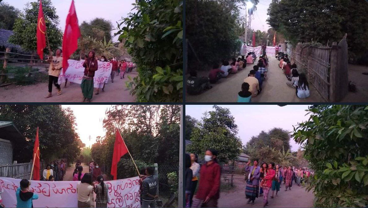 christdaehyun's tweet photo. In Shweyekyi village, Yinmarbin Township , a protest went on to oppose military junta dictatorship today.  #MyanmarIndependenceDay #2023Jan4Coup #WhatsHappeningInMyanmar https://t.co/pw9vlo1Uib