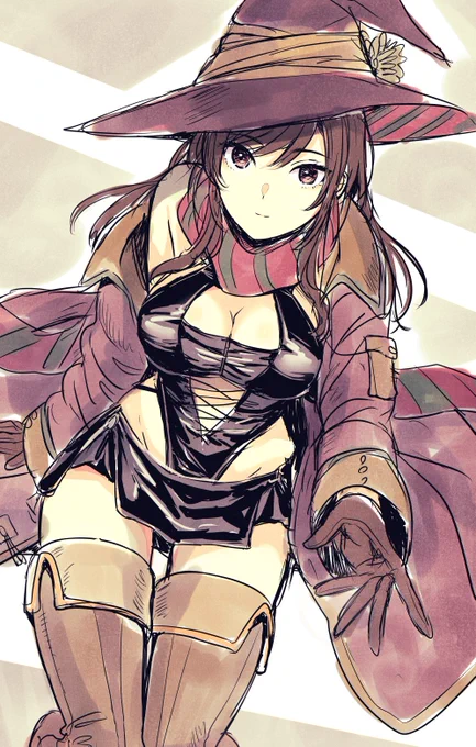 まほの世界、まほさん達が煌びやかな感じなので魔女さん達も色んな恰好してるけど中にはこういう感じの人がいてくれたら嬉しいな…って思いで晶ちゃんに着せました(あととりあえず露出高い服の上にでかい上着を着てくれという気持ちもあった)(すまん) 