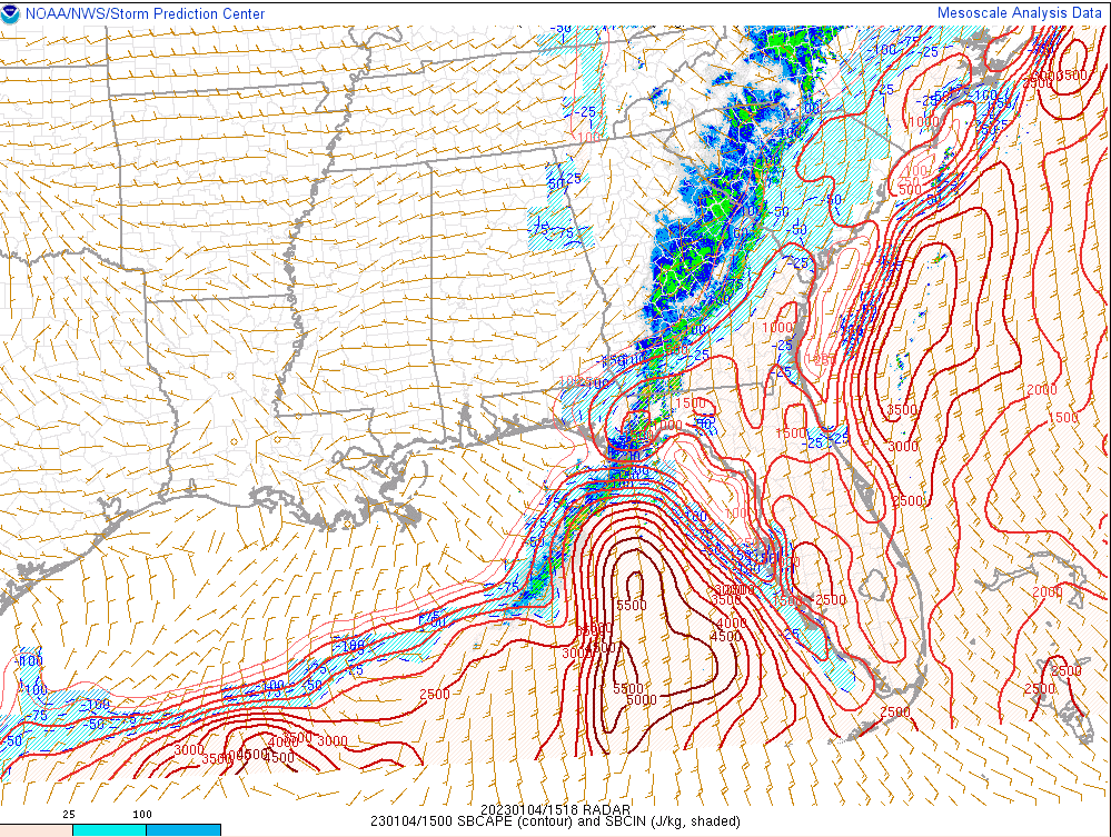 Sausius_wx's tweet photo. Storms in the southeastern US are now within the area of the greatest effective SRH but especially SBCAPE remains at a premium. It's supposed to build over the next several hours, at the same time, storms might lose some upper level support, tho, so we'll see... #FLwc #GAwx #SCwx https://t.co/O59f8l5Sm0