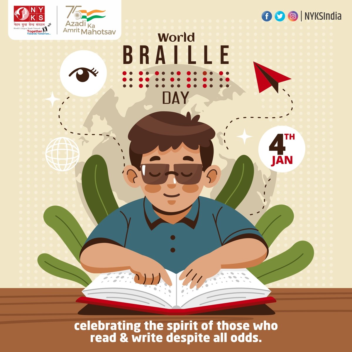 The occasion of #WorldBrailleDay will keep on reminding us for generations to come that Louis Braille was the man behind Braille. Warm wishes on this special day to all.

#WorldBrailleDay2023 #brailleday #NYKSvolunteers #Youth