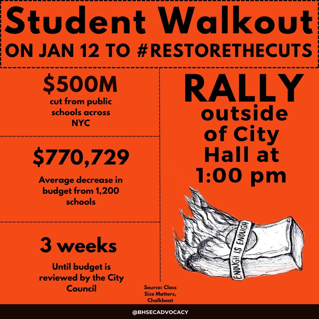 BHSEC Advocacy Club is organizing a student walkout & rally on JAN 12 to #RestoreTheCuts!