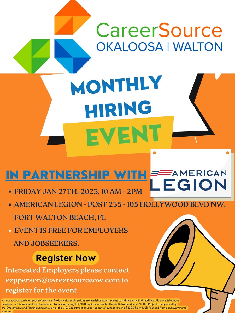 Our Monthly Hiring events are back for 2023! We are excited to partner with American Legion - Post 235 for our January 27th event. Employers: - Contact us if you would like to participate. Info below. Event is FREE for Employers to register and Jobseekers to attend...